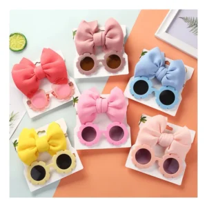 2Pcs Set Daisy Flower Sunglasses With Elastic Nylon Baby Headband Bohemia Beach Seaside Sun Glasses Kids Puff Bow Headwear