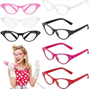 50s Retro Diamond Encrusted Cat’s Eye Flat Glasses for Female Male New Prom Performance Halloween Party Decorations Funny