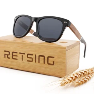 Black Classic Polarized Sunglasses Acetate Frame Wooden Temples with Custom Logo