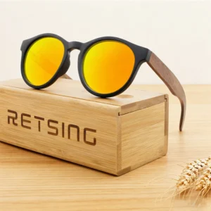 Black Round Frame Sunglasses with Real Wood Temples and UV400 Polarized Lenses