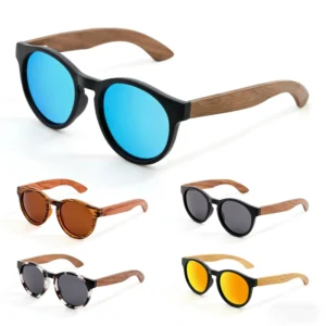 Black Round Sunglasses Premium Polarized Lenses Real Wooden Temples