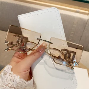 Brand High Quality Trendy Fashion UV400 Cutting Lens Square Rimless Vintage Shaped Sun Shades Women Metal Sunglasses