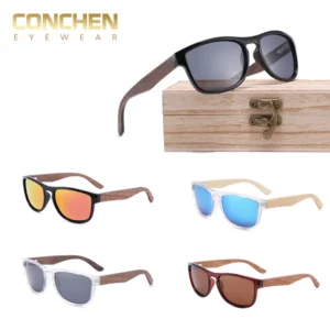 CONCHEN Luxury Unisex Polarized Wood Sunglasses Custom Logo Square Frame UV 400 Cat 3 Sun Glasses Transparent TAC Mirror Shades