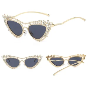 Cat Eye Diamond Studded Metal Rhinestone Women Fashion Sunglasses