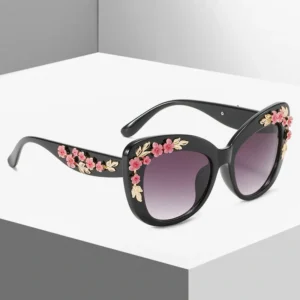 Cat Eye Womens Trendy Sunglasses with Flowers Plastic Frame Shades Sunglasses for Women