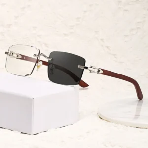 Cross border square Rimless Floral pattern Tinted Faux Wood grain Sunglasses UV400 Chic Charming Retro Instagram style Shades
