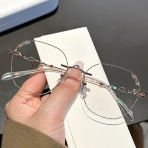 Custom Decoration Spectacles Square Gradient Diamond Crystal Metal Rimless Frame Optical Eyeglasses Frame