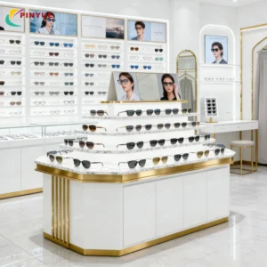 Custom Fashion Gold Retail Decoration Sunglasses Storage Optical Shop Furniture Display Cabinet Eyewear Shop Interior Design