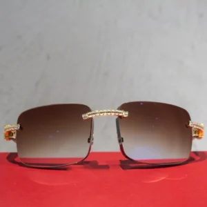 Custom Iced Out Brown Rimless Mirror Lenses Wooden Legs with VVS Baguette Moissanite Sunglasses for Men Women KIBO HG025