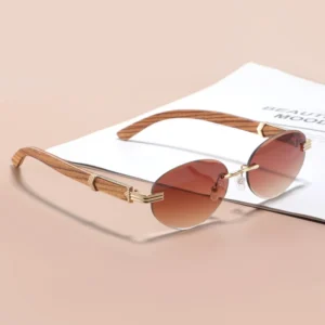 Custom Logo Oval Wooden Temple Rimless Sunglasses Men Women Polarized Wooden Sunglasses