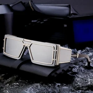 Custom Logo Rectangle Full Rim Sunglasses UV400 One Piece Lens Fashionable Futuristic Punk Steampunk Gold Summer for Women Men