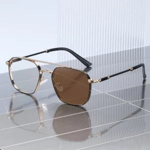Custom Logo Square Metal Double Bridge Spring Photochromic UV400 Sunglasses for Men