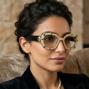 Custom Metal and Acetate Optical Frame Women’s Glasses with Turquoise Gemstone Inlay and Metal Details