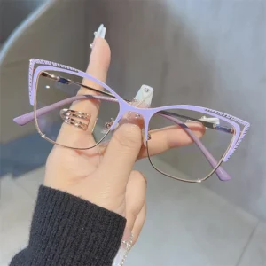 Customized Spring Metal Hinge Legs Cat Eye Anti Blue Ray Glasses Personality Women Full Metal Frame Eyeglasses
