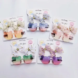 Cute Anti UV Cartoon Flower Sunglasses 3pcs Set Kid Photo Prop Gift Baby Girls Sunglass Double Bow Knot Hairband Set Accessories