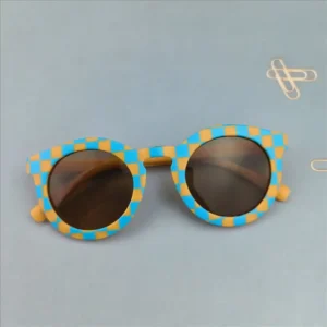 Designer Boho Checked Stripes Vintage Retro Round Kids Sunglasses Shades Baby Boys Girls Checkerboard Sunglasses