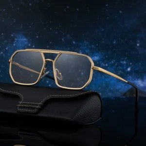 Designer Custom Logo Men’s UV400 Sunglasses Trendy Gold Double Bridge Square Metal Fashionable Spring Hinge Sun Glasses