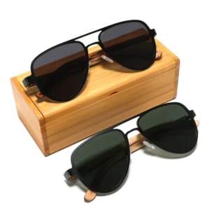 Double Bridge Polarized Retro Vintage Wood Temple Sunglasses Men Women Fashion Custom Polarized Metal Sunglasses for Outdoor