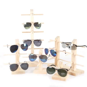 Eco Friendly Classic Durable Solid Wood Glass Double Linen Eyewear Showcase Sunglass Display Holder Racks Optics Accessories