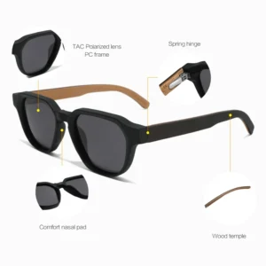 Eco Friendly Square Frame Wooden Sunglasses for Men TAC Polarized Custom Logo