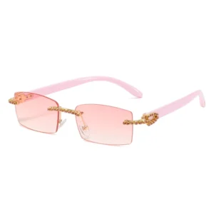 European American Style UV400 Rimless Sunglasses Women Rectangle Rhinestone Diamond Shades Metal Frame Fashion Sun Glasses