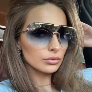 European American Trendy One Piece Sunglasses For Women Square Large Frame High End Rimless Metal UV400 Glass Blue Pink Gray