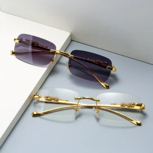 Eyewear Leopard Shades Women Retro Vintage Gradient Panther Leopard Rectangle Rimless Frames Shades Sunglasses