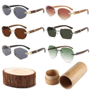 Factory Wooden Temple Designer Sunglasses Custom Logo Rimless Diamond UV400 Polarized Sunglasses