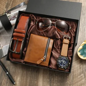 Fashion Birthday Gift Wallet Sunglasses Belt Watch Set 4pcs set Men’s Watch Gift Set