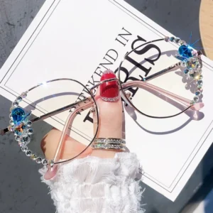 Fashion Design Luxury Rhinestones Female Eyewear Optical HD Lens Blue Light Blocking Shiny Diamond Studded Eyeglasses