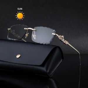 Fashion Designer Custom Logo Rimless Leopard Head Photochromic Anti Blue Light UV400 Sunglasses for Women