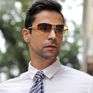 Fashion Designer Men’s Sunglasses UV400 Protection Gold Custom Personality Logo Double Bridge Square Full Rim Metal Sun Shades