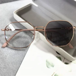 Fashion Girls Women Black Silver Alloy Hexagon Lunettes Antireflet Anti Uv400 Optical Blue Light Glasses Photochromic
