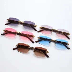Fashion Luxury Metal Wood grain Temple Irregular Square UV400 Protection Sunglasses for Men Women