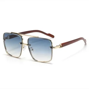 Fashion Neutral Gradient Square Metal Sunglasses Gold Wood Grain Temples Luxury Trend UV400 Protection Men Women