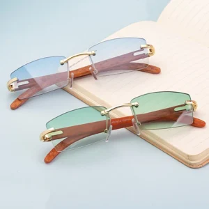 Fashion Square Rimless Classic Men’s Sunglasses Wooden Temple Ocean Small Lens Male Driving Sun Glasses UV400