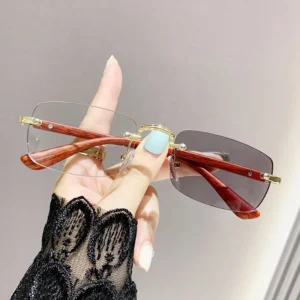 Fashion Vintage Rimless Sunglasses Wood grain Effect Photochromic Anti blue Light Business Frameless Progressive Glasses