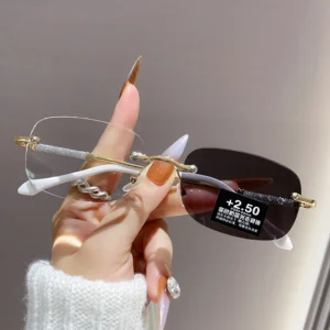 Fashion Women’s Frameless Flat Glasses Color Changing Photochromic Glasses Blue Light Blocking Lens Eyeglasses