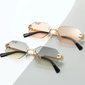 Fashionable Frameless Cut Edge Rimless Elegant Shades Outdoor Rectangle Tinted Sunscreen Metal Temple Gradient Lens Sunglasses