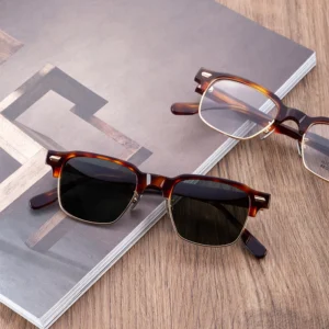 Fashionable Retro Square Metal Acetate Sunglasses for Men’s Metal Half Frame Sunglasses