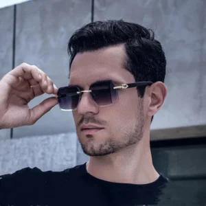 Fashionable Square Alloy Diamond Steampunk Sunglasses Frameless Metal Rimless Cut Edge Green and Red Options Gafas De Sol