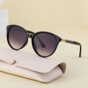Fashionable Women’s Cat Eye Sunglasses High End PU Leather Side Wrap Sun Glasses with Plastic Frame