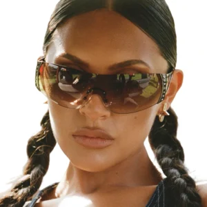 Futuristic Rimless Sunglasses Diamond Encrusted Sports Visor Shield Style with Metal Frame Y2K Custom Sunglasses for Women