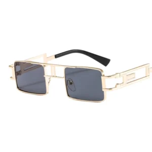 Gold Metal Frame Rectangular Sunglasses with Square Chain