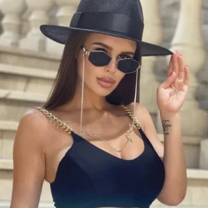 Golden Fashion Metal Chain Sun Glasses Women’s Irregular Frame Premium Polygon Sunglasses