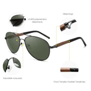 Handmade Blue Frame Polarized Sunglasses with Walnut Wood Temples Gun Metal Frame Eco Friendly G15 Lens for Men Women Made China