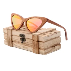 Handmade Real Wood Cat Eye Sunglasses with Polarized Lenses and Embossed Temple Artwork