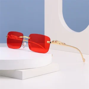 High End Gold Metal Leopard Rimless Rectangle Sunglasses UV400 Small Frame Multi Solid Color