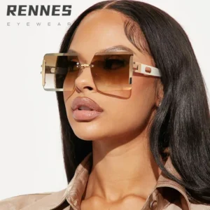 High Quality Luxury Rimless Square Sunglasses for Women Black Green Gradient UV400 Optical Lenses Men’s Glasses Included