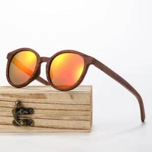 High Quality UV400 Polarized Custom Logo Round Frame Walnut Wood Wooden Sunglasses